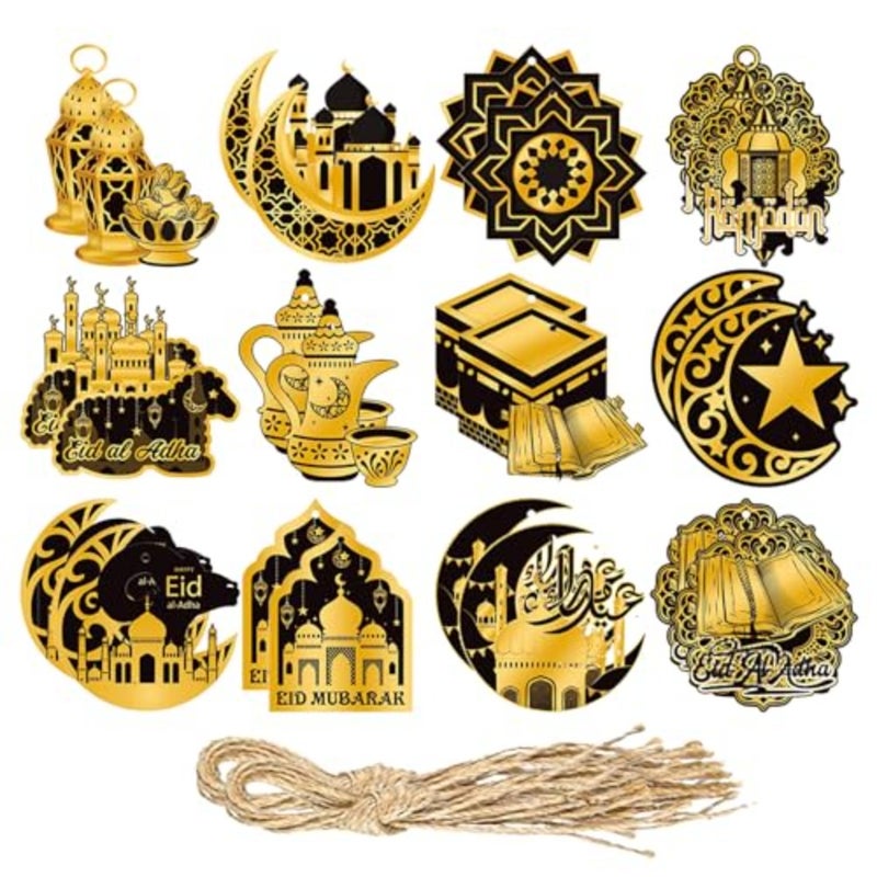 Ramadan Hanging Tags Set, 12 Pcs Indoor Outdoor Ramadan Mubarak Decorations, Double Sided Printing Ramadan Themed Patterns Hanging, Eid Mubarak Crafts for Ramadan Party, Home Black - Image 1