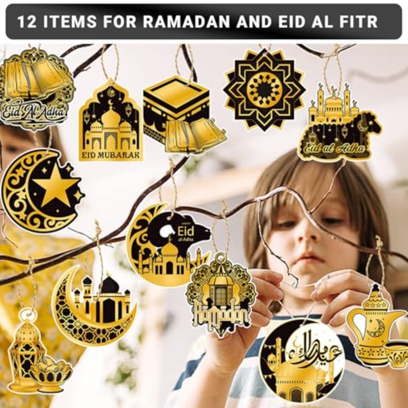 Ramadan Hanging Tags Set, 12 Pcs Indoor Outdoor Ramadan Mubarak Decorations, Double Sided Printing Ramadan Themed Patterns Hanging, Eid Mubarak Crafts for Ramadan Party, Home Black - Image 3
