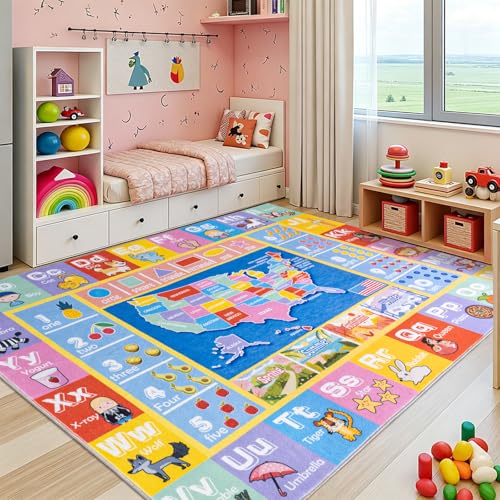 OHDS Kids Rugs for Playroom - Soft & Non-Slip 7x9 Feet Educational Rug for Learning ABC Alphabet, Numbers, Shapes & Map, Washable Classroom Rug for Toddler Nursery & Kids Room Decor - Image 2