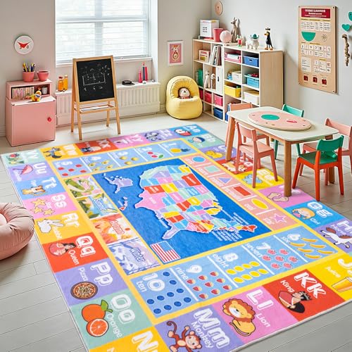 OHDS Kids Rugs for Playroom - Soft & Non-Slip 7x9 Feet Educational Rug for Learning ABC Alphabet, Numbers, Shapes & Map, Washable Classroom Rug for Toddler Nursery & Kids Room Decor - Image 1