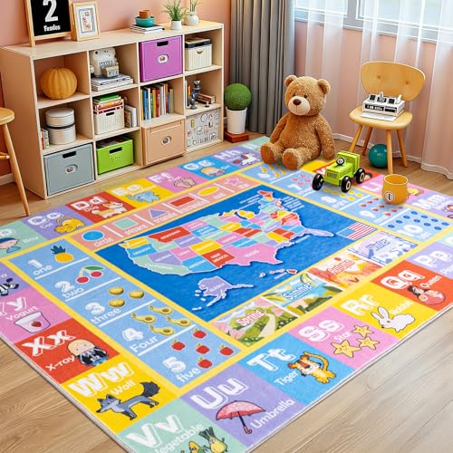OHDS Kids Rugs for Playroom - Soft & Non-Slip 7x9 Feet Educational Rug for Learning ABC Alphabet, Numbers, Shapes & Map, Washable Classroom Rug for Toddler Nursery & Kids Room Decor - Image 3