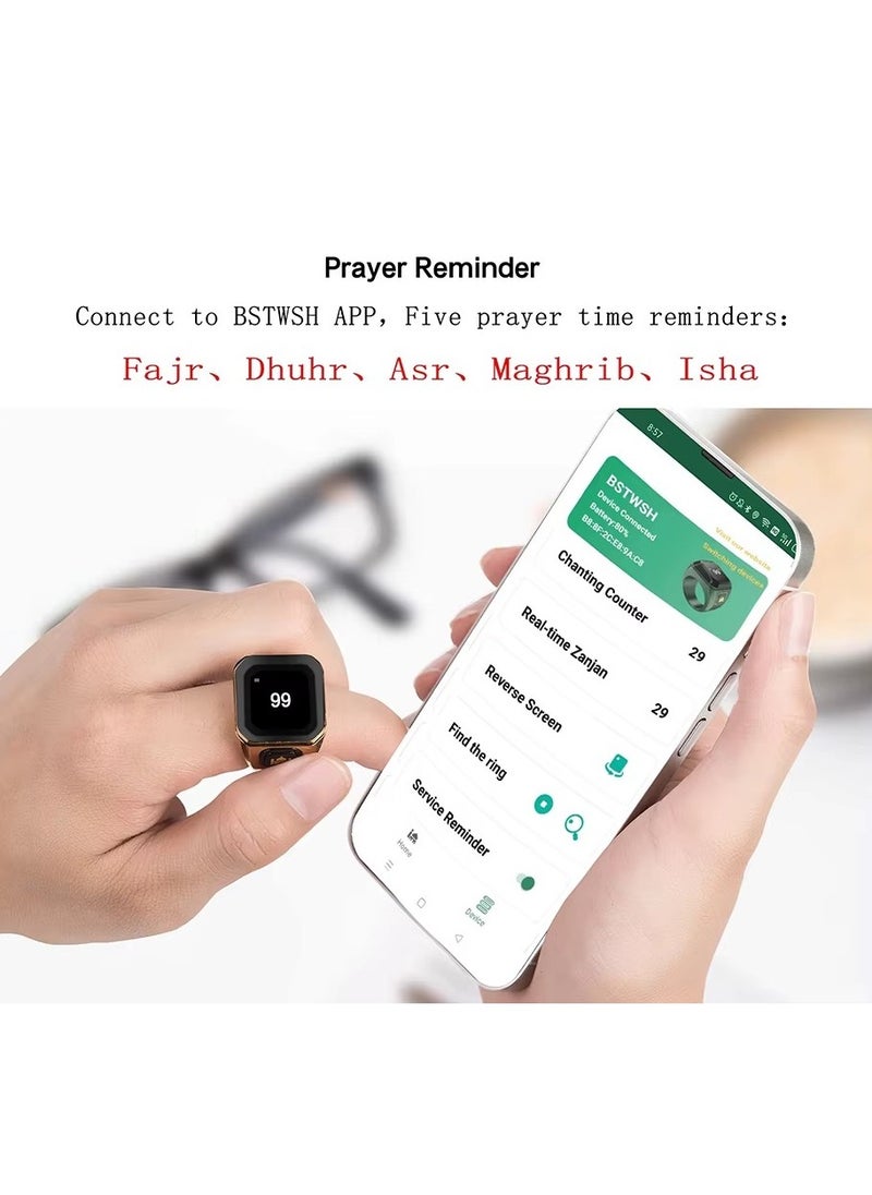 BSTWSH Metal Zinc Alloy Smart Counter Ring for Zikr & Tasbih – Bluetooth-Enabled Digital Tasbeeh Counter with 5 Prayer Time Reminders, OLED Display, Vibration Alerts, and Rechargeable Storage Case - 18mm  - Image 5