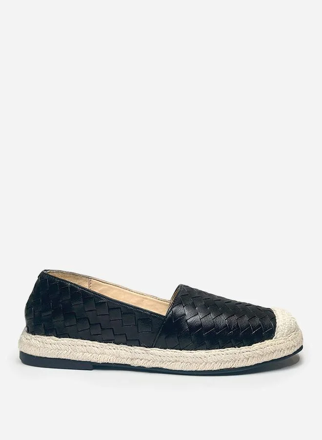 Take Two Women Black Weave Design Cap Toe Leather Espadrilles By Heel Your Sole