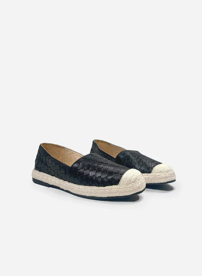 Take Two Women Black Weave Design Cap Toe Leather Espadrilles By Heel Your Sole