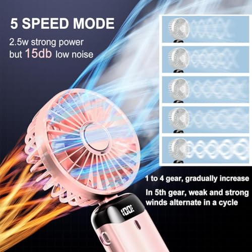 Wisely Multifunctional Handheld Fan with Digital Display – Rechargeable USB Mini Fan with 5-Speed – Silent, Portable Desk Fan for Makeup Girl Women Travel, Office, Home – Personal Cooling Fan, Pink - Image 3