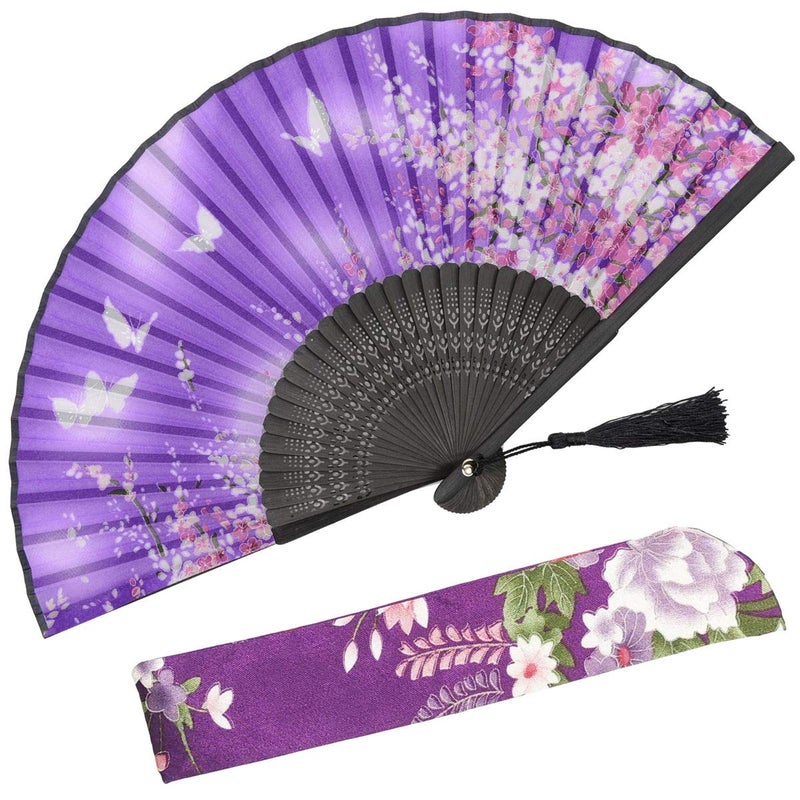 OMyTea Women Hand Held Silk Folding Fans with Bamboo Frame  with a Fabric Sleeve for Protection for Gifts  Sakura Cherry Blossom Pattern WZS38