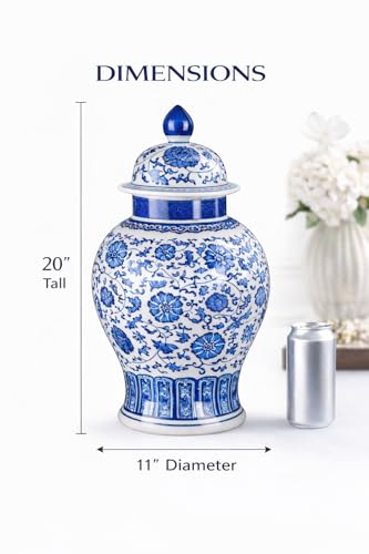 Festcool 20" Classic Blue and White Porcelain Ceramic Floral Temple Ginger Jar Vase, Large China Ming Style, Jingdezhen - Image 3