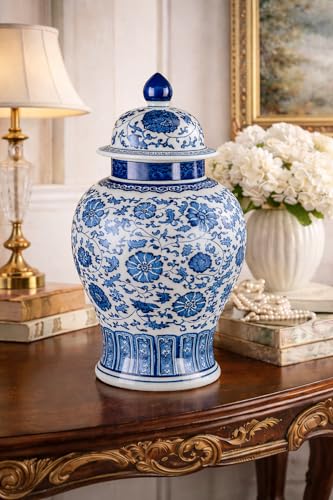 Festcool 20" Classic Blue and White Porcelain Ceramic Floral Temple Ginger Jar Vase, Large China Ming Style, Jingdezhen - Image 2