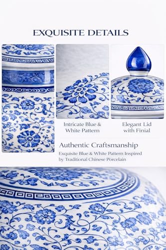 Festcool 20" Classic Blue and White Porcelain Ceramic Floral Temple Ginger Jar Vase, Large China Ming Style, Jingdezhen - Image 5
