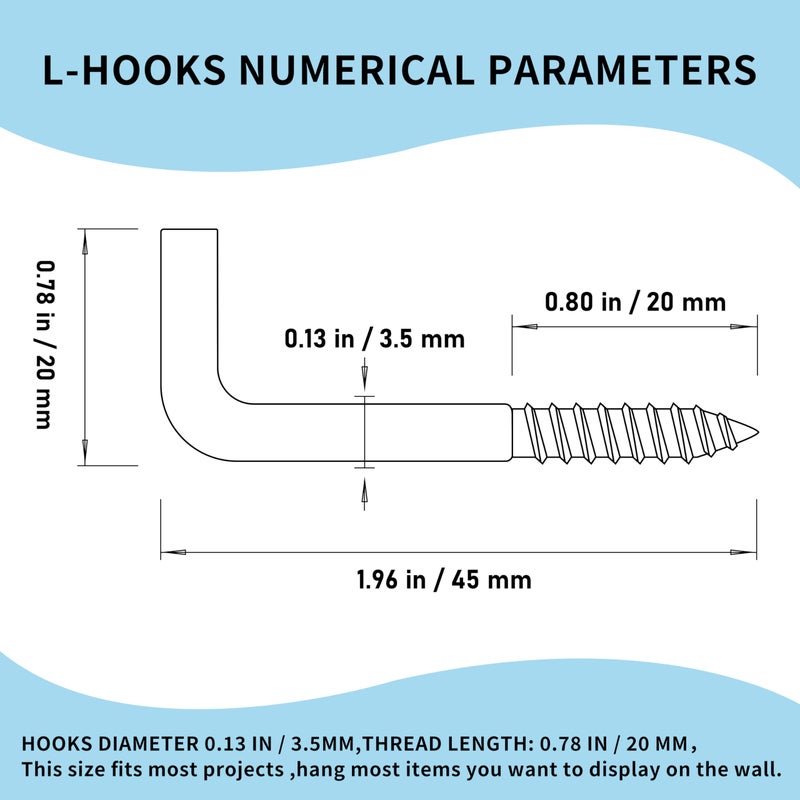 soimuk 304 Stainless Steel 2 in Screw-in Hooks 20 Pcs,7 Shape Screw Hooks,Right Angle Medal Hooks l Shaped Screw in Hooks for Hanging - Image 2