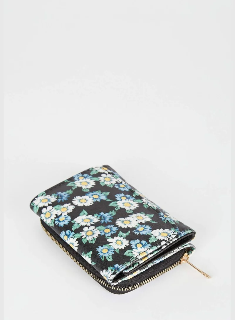 DeFacto Faux Leather Floral Print Zip On Wallet