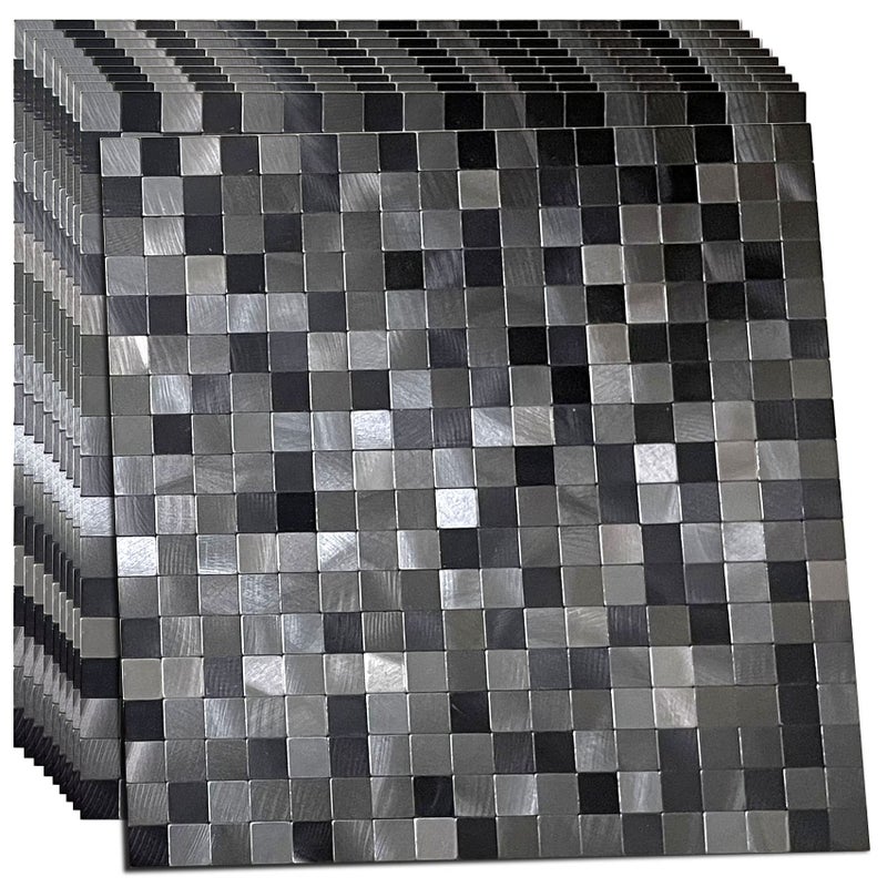 XUANINY 10-Piece Self-Adhesive Metal Backsplash, Peel and Stick Tile for Kitchen Brushed Aluminium Surface backsplash (11.73"x11.73",10) (Black+ Gray) - Image 1
