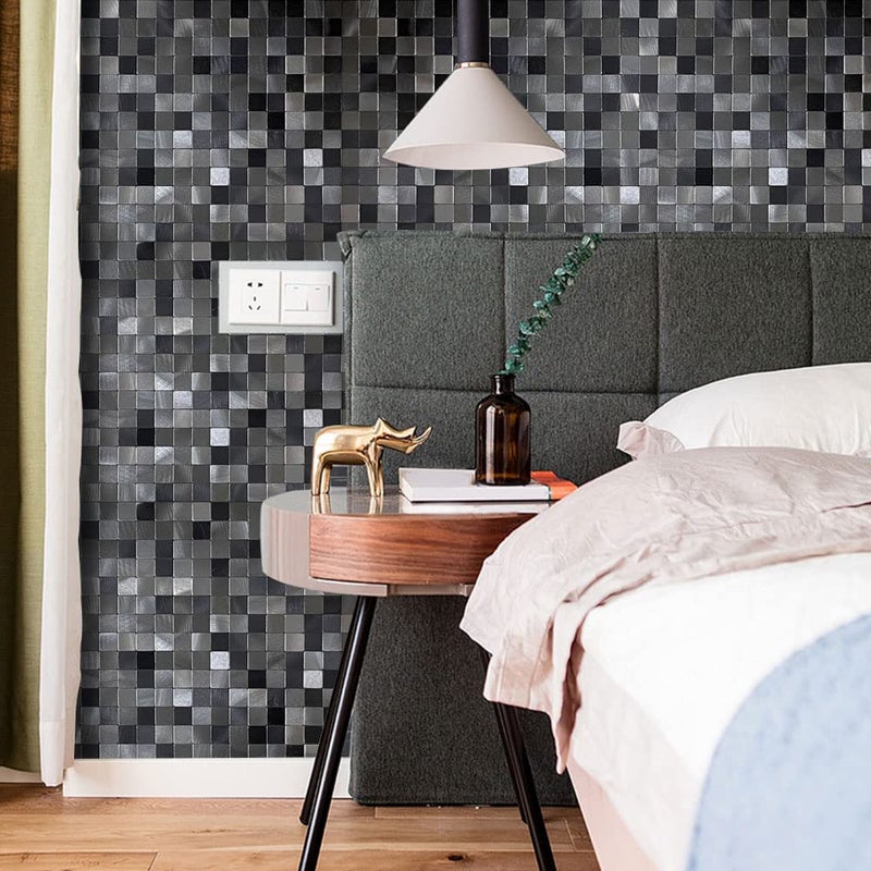XUANINY 10-Piece Self-Adhesive Metal Backsplash, Peel and Stick Tile for Kitchen Brushed Aluminium Surface backsplash (11.73"x11.73",10) (Black+ Gray) - Image 3
