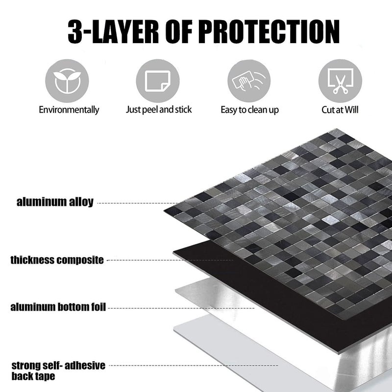 XUANINY 10-Piece Self-Adhesive Metal Backsplash, Peel and Stick Tile for Kitchen Brushed Aluminium Surface backsplash (11.73"x11.73",10) (Black+ Gray) - Image 4