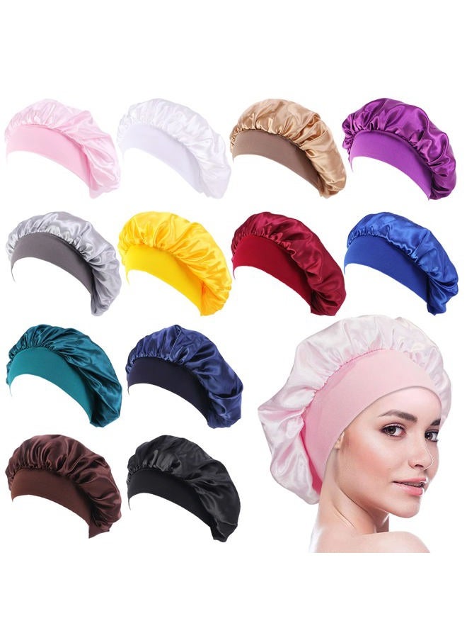 Tergy 12pcs Satin Bonnet Caps for Women Solid Color Hair Bonnets for Sleeping Elastic Band Bonnet Hats for Black Women Hair Care, Multicolor - Image 1