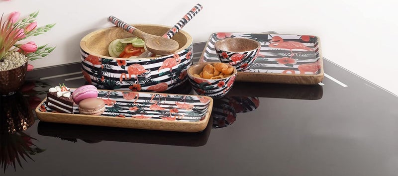 A Vintage Affair A VINTAGE AFFAIR Home Decor Wooden Decorative Tropical Flamingo Wooden Salad Bowls with Servers Set for Home Office Special Occasion Gift and Birthday Multicolor - Image 3
