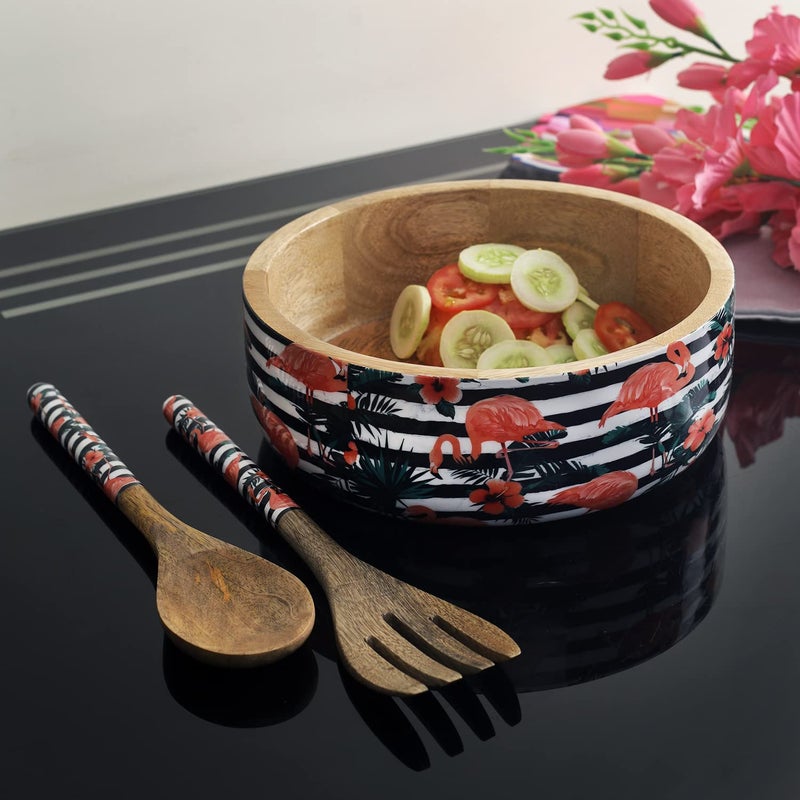 A Vintage Affair A VINTAGE AFFAIR Home Decor Wooden Decorative Tropical Flamingo Wooden Salad Bowls with Servers Set for Home Office Special Occasion Gift and Birthday Multicolor - Image 1