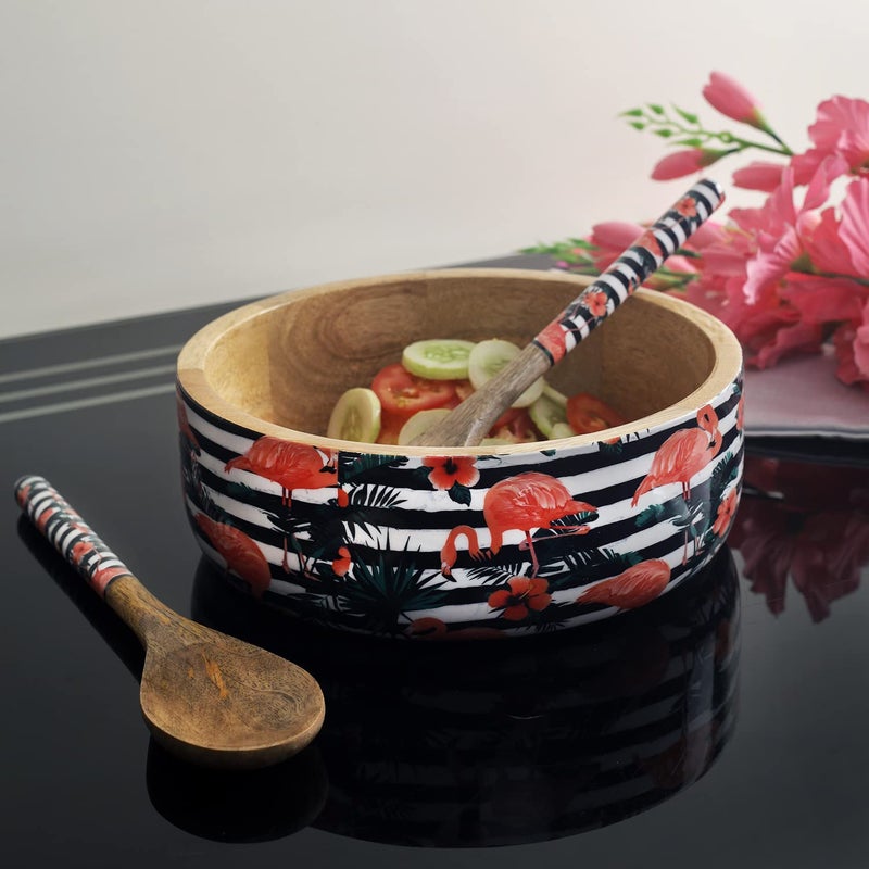 A Vintage Affair A VINTAGE AFFAIR Home Decor Wooden Decorative Tropical Flamingo Wooden Salad Bowls with Servers Set for Home Office Special Occasion Gift and Birthday Multicolor - Image 2