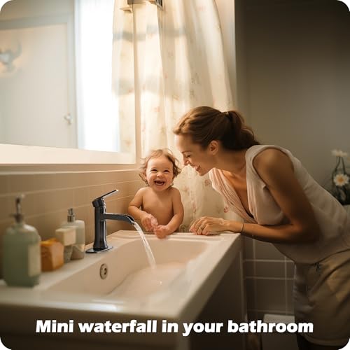HOIGY Waterfall Bathroom Sink Faucet Oil Rubbed Bronze, Brass Single Handle Bathroom Faucet 1 Hole or 3 Hole (4 Inch), Modern Bathroom Vanity Faucets with Pop Up Drain & Deck Plate for Rv Farmhouse - Image 2