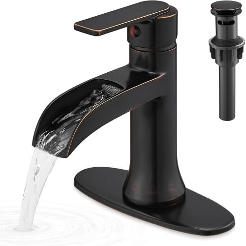 HOIGY Waterfall Bathroom Sink Faucet Oil Rubbed Bronze, Brass Single Handle Bathroom Faucet 1 Hole or 3 Hole (4 Inch), Modern Bathroom Vanity Faucets with Pop Up Drain & Deck Plate for Rv Farmhouse - Image 1