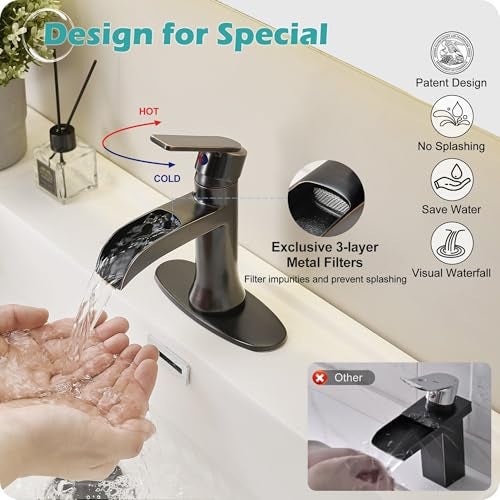 HOIGY Waterfall Bathroom Sink Faucet Oil Rubbed Bronze, Brass Single Handle Bathroom Faucet 1 Hole or 3 Hole (4 Inch), Modern Bathroom Vanity Faucets with Pop Up Drain & Deck Plate for Rv Farmhouse - Image 3