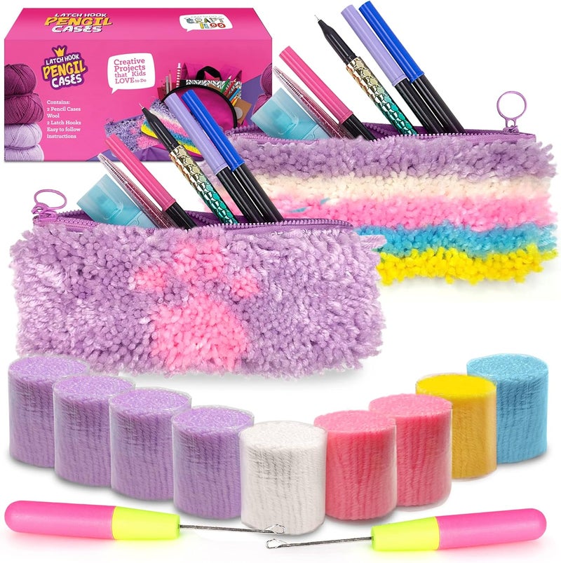CRAFTILOO DIY 2 Rug Pencil Cases Latch Hook Kits for Kids Sewing Set for Girls Beginners Latchkits Ages 8-12 - Image 1