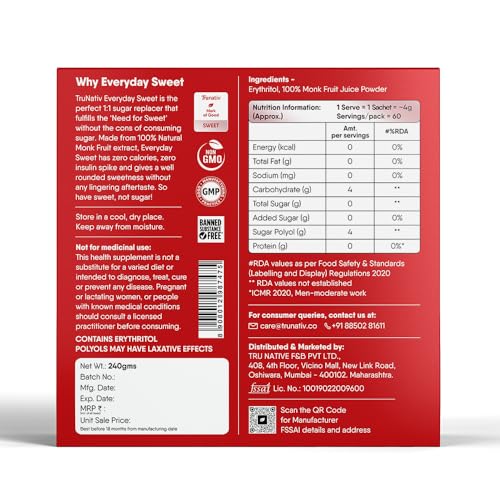 Trunativ Everyday Sweet | Monkfruit Sweetener Powder | Zero-Calorie Sugar Substitute | 1:1 Sugar Replacer for Cooking & Baking | Keto & Diabetic Friendly | 60 Sachets-240g (Pack of 1) - Image 2
