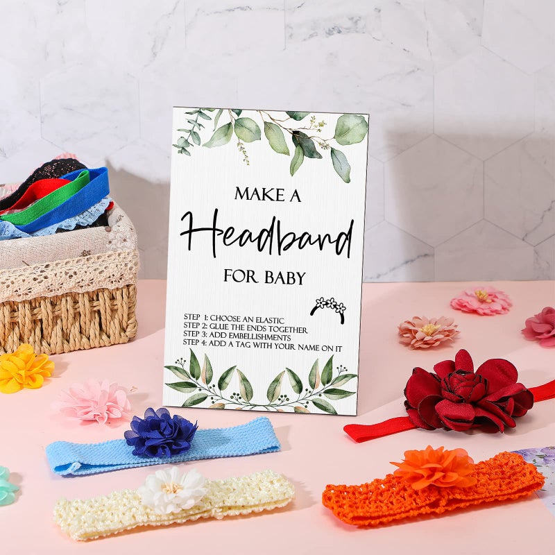 Geosar Baby Shower Games DIY Headband Making Kit Include Wooden Game Sign 60 Elastic Cute Flowers Hairbands 10 Round Fabrics with Tape for Baby Shower Guest Games(Greenery) - Image 5