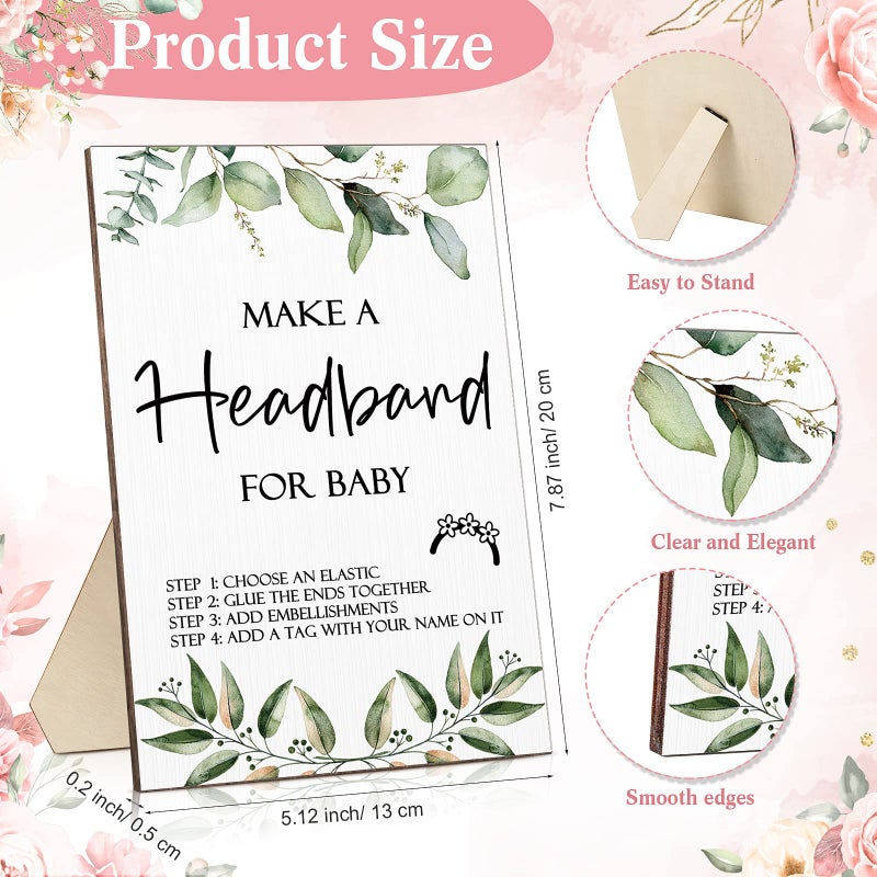 Geosar Baby Shower Games DIY Headband Making Kit Include Wooden Game Sign 60 Elastic Cute Flowers Hairbands 10 Round Fabrics with Tape for Baby Shower Guest Games(Greenery) - Image 2