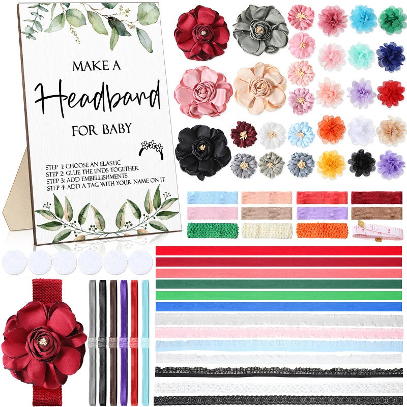 Geosar Baby Shower Games DIY Headband Making Kit Include Wooden Game Sign 60 Elastic Cute Flowers Hairbands 10 Round Fabrics with Tape for Baby Shower Guest Games(Greenery) - Image 1