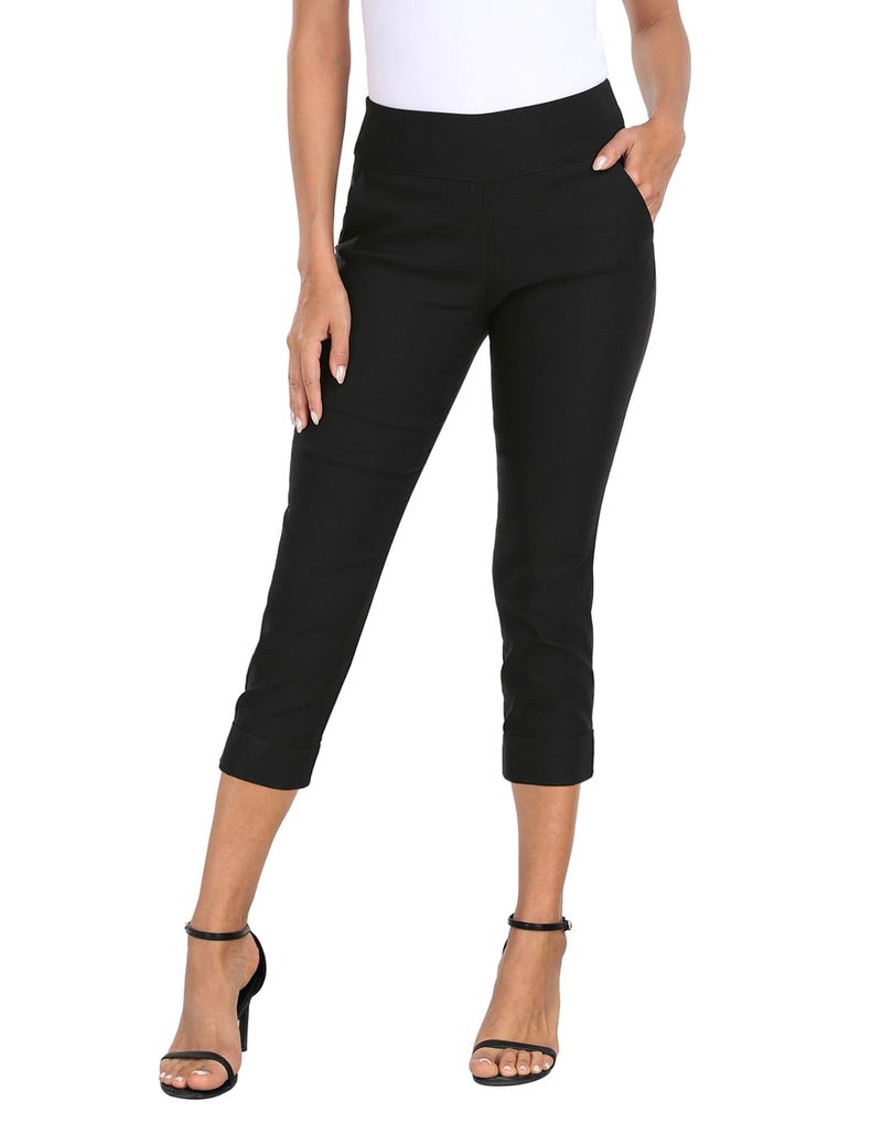 HDE Pull On Capri Pants for Women 21 Inseam Cropped Office Pants with Pockets Black M