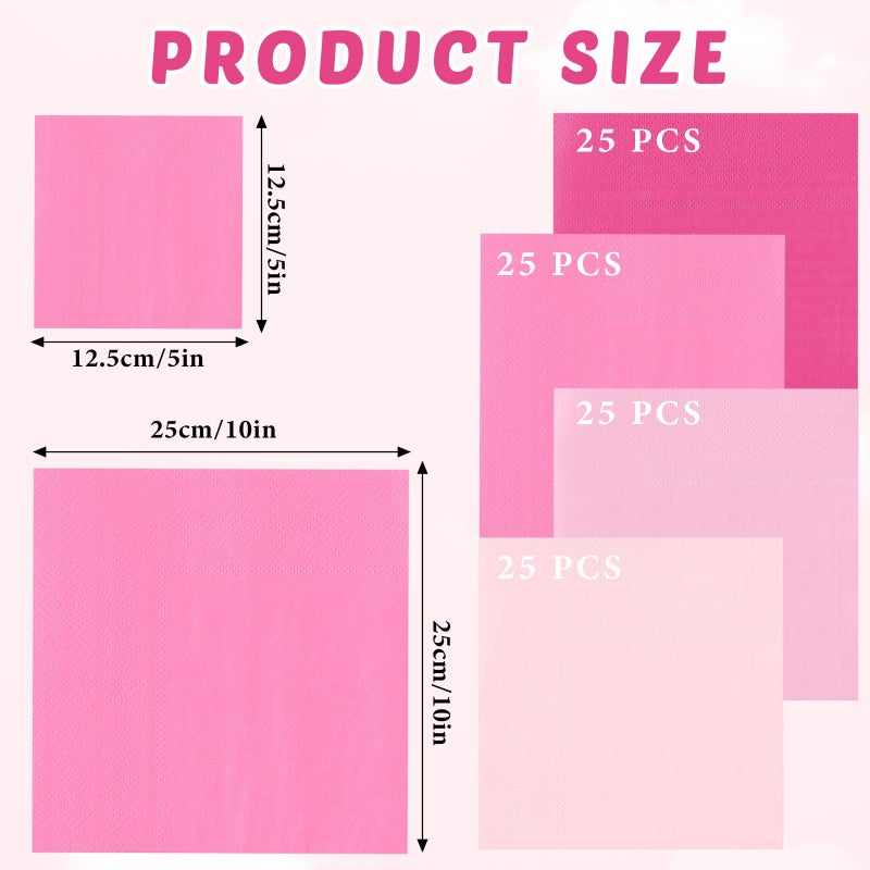 Layhit 100 Pcs Cocktail Napkins Disposable Beverage Napkins Square Paper Dessert Tissue for Valentine's Day Wedding Birthday Dinner Lunch Party Supplies(Pink Series 5 x 5 Inch) - Image 2