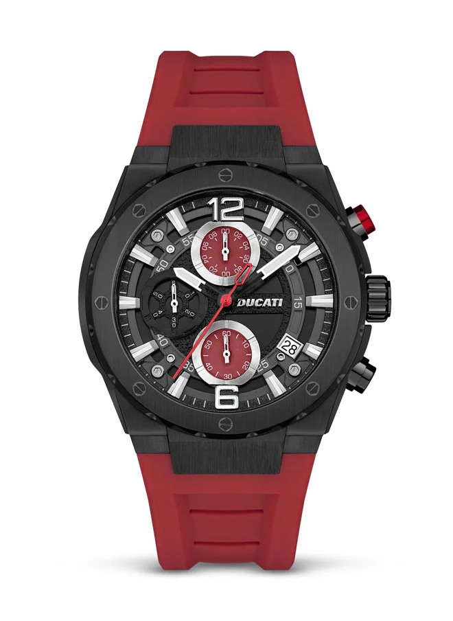 Ducati DT003 Men's Chronograph 43.5mm Watch with Black Partial See-Through Dial, Red Accents, Silicone Strap