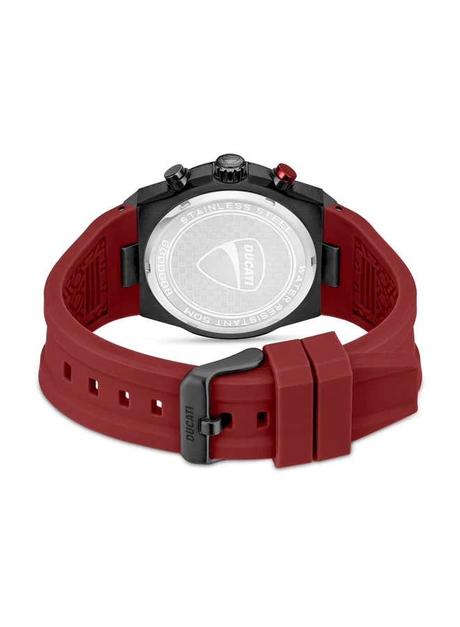 دوكاتي DT003 Men's Chronograph 43.5mm Watch with Black Partial See-Through Dial, Red Accents, Silicone Strap