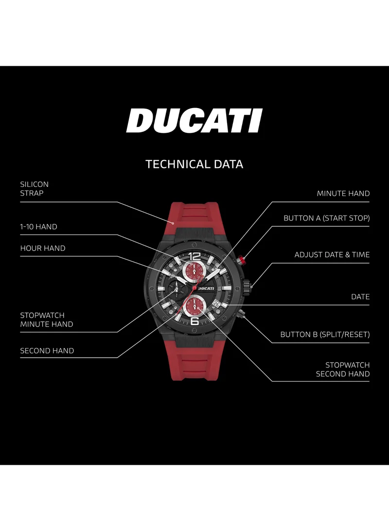 دوكاتي DT003 Men's Chronograph 43.5mm Watch with Black Partial See-Through Dial, Red Accents, Silicone Strap