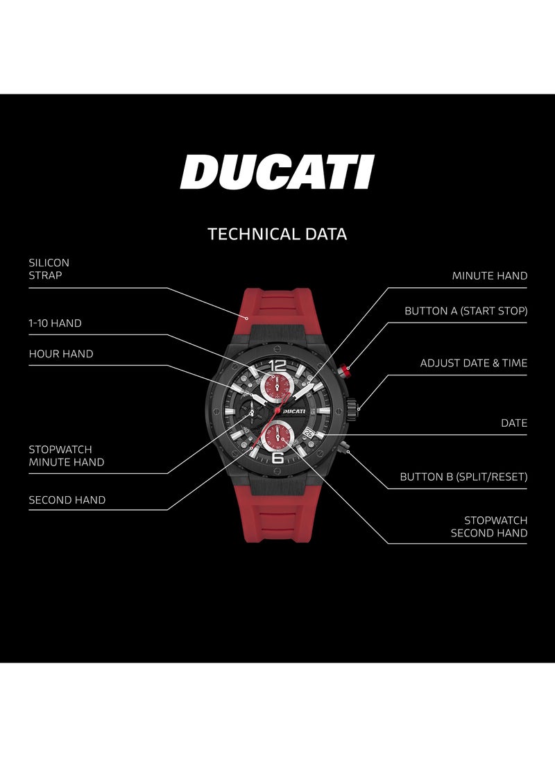 Ducati DT003 Men's Chronograph 43.5mm Watch with Black Partial See-Through Dial, Red Accents, Silicone Strap - Image 4