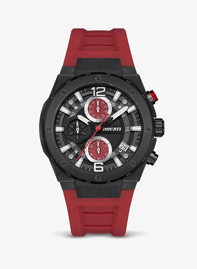 Ducati DT003 Men's Chronograph 43.5mm Watch with Black Partial See-Through Dial, Red Accents, Silicone Strap - Image 1