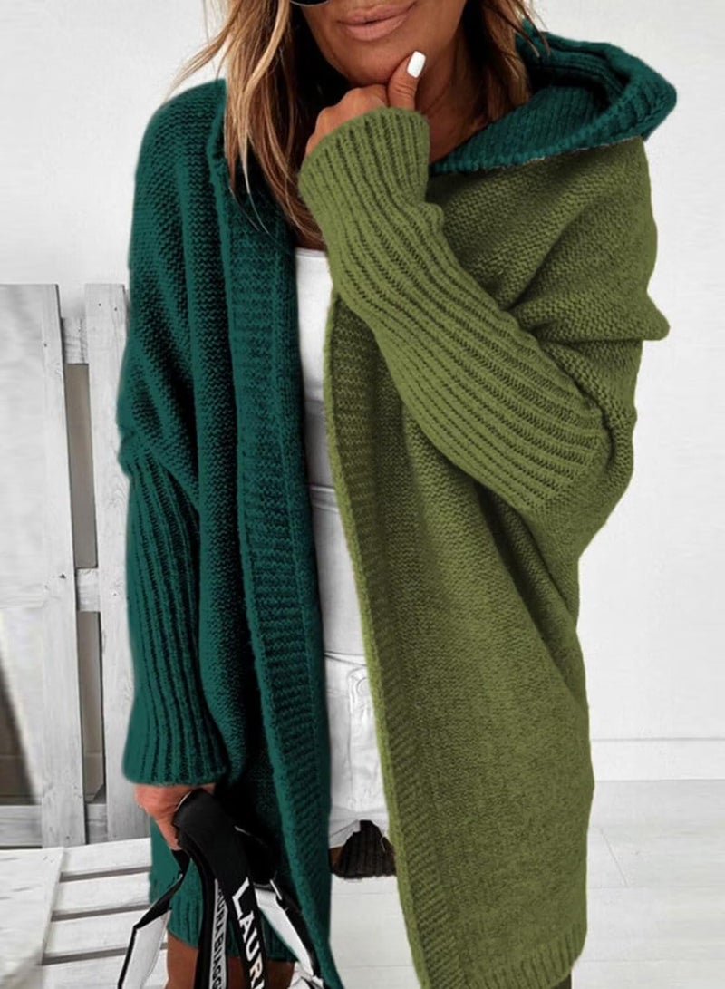 Astylish Women Casual Fall Fashion Hooded Color Block Open Front Cardigan Long Sleeve Sweater Outwear Blackish Green Large - Image 3