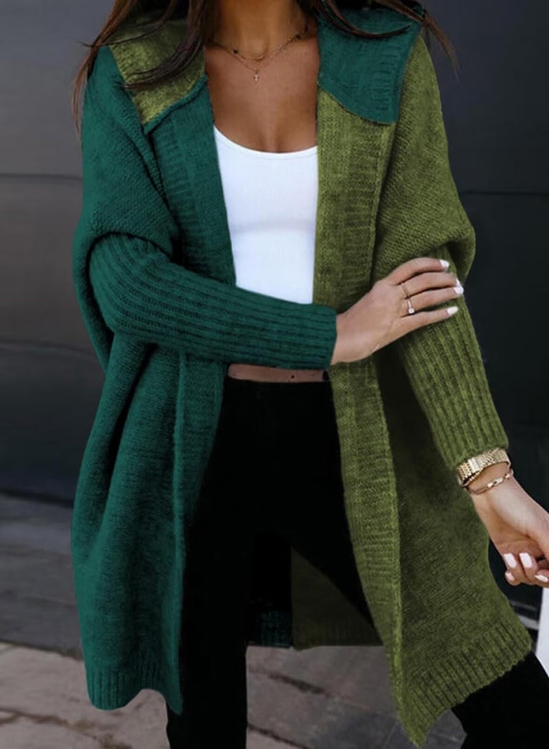 Astylish Women Casual Fall Fashion Hooded Color Block Open Front Cardigan Long Sleeve Sweater Outwear Blackish Green Large - Image 2
