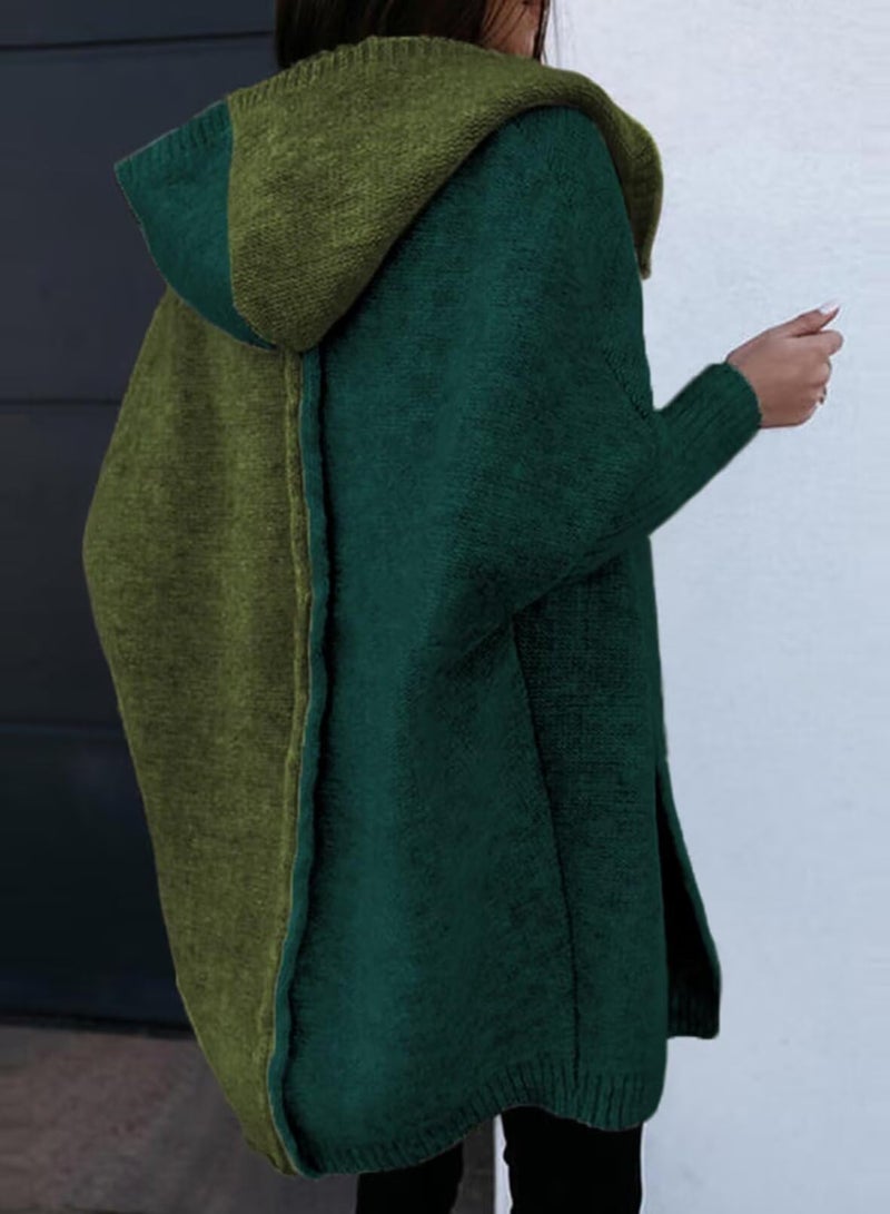 Astylish Women Casual Fall Fashion Hooded Color Block Open Front Cardigan Long Sleeve Sweater Outwear Blackish Green Large - Image 4