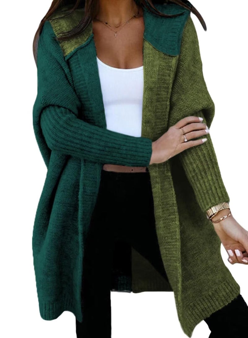 Astylish Women Casual Fall Fashion Hooded Color Block Open Front Cardigan Long Sleeve Sweater Outwear Blackish Green Large - Image 1