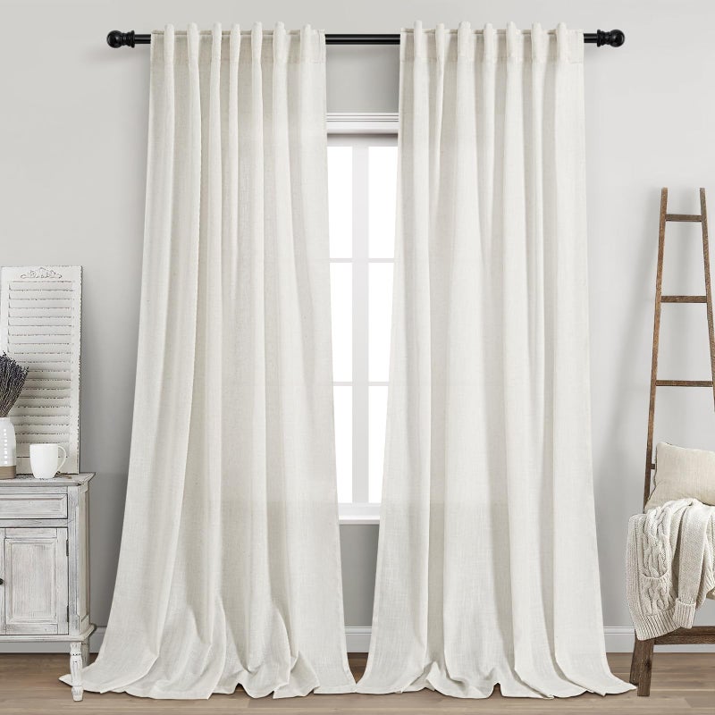 Nanspring Beige White Linen Curtains 96 Inches Long 2 Panels Set for Living Room Bedroom Back Tab Rod Pocket Semi Sheer Light Filtering Drape for Bedroom Home Decor Protect Privacy 52x96 - Image 1