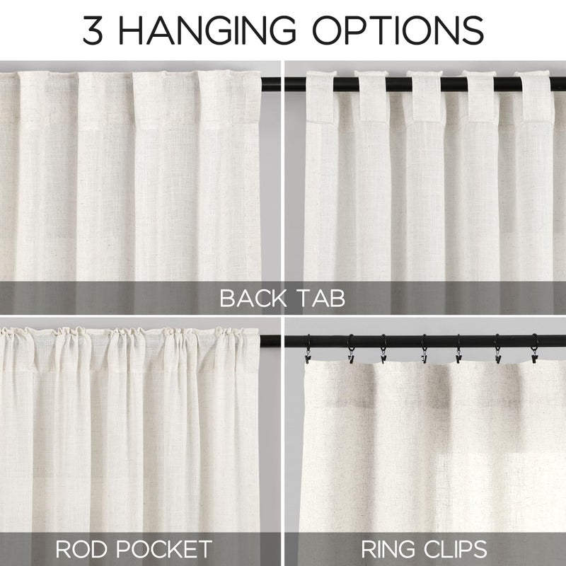 Nanspring Beige White Linen Curtains 96 Inches Long 2 Panels Set for Living Room Bedroom Back Tab Rod Pocket Semi Sheer Light Filtering Drape for Bedroom Home Decor Protect Privacy 52x96 - Image 2
