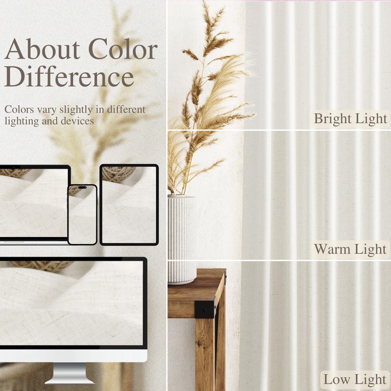 Nanspring Beige White Linen Curtains 96 Inches Long 2 Panels Set for Living Room Bedroom Back Tab Rod Pocket Semi Sheer Light Filtering Drape for Bedroom Home Decor Protect Privacy 52x96 - Image 3