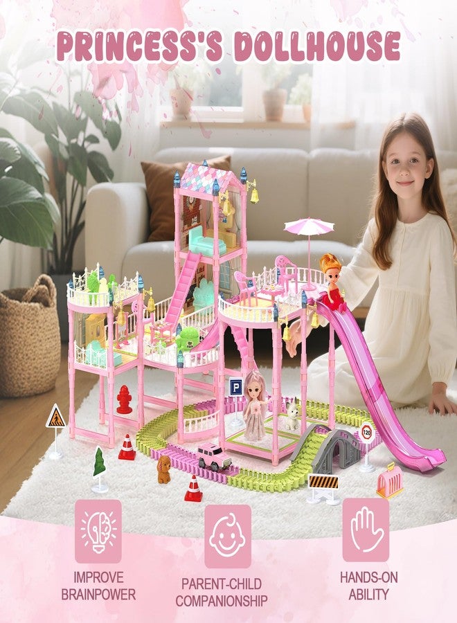 randhar Doll House with Lights&Track Car Toy Set,Princess Dollhouse for Girls, 3 Dolls, Pets, Car, Furniture and Accessories, Design and Build Gift for 3 4 5 6 7 8+ Year Old Girls - Image 2
