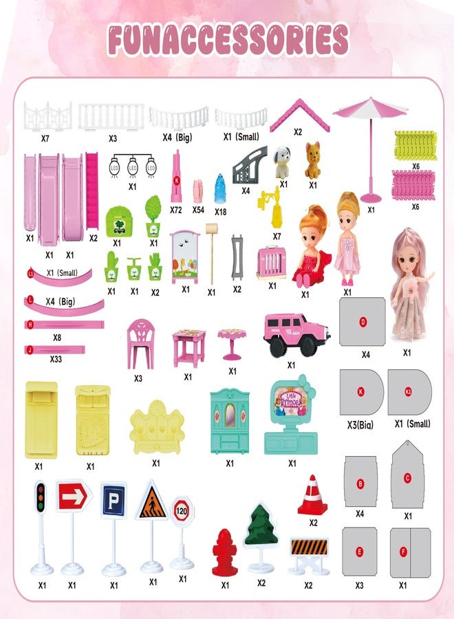 randhar Doll House with Lights&Track Car Toy Set,Princess Dollhouse for Girls, 3 Dolls, Pets, Car, Furniture and Accessories, Design and Build Gift for 3 4 5 6 7 8+ Year Old Girls - Image 5