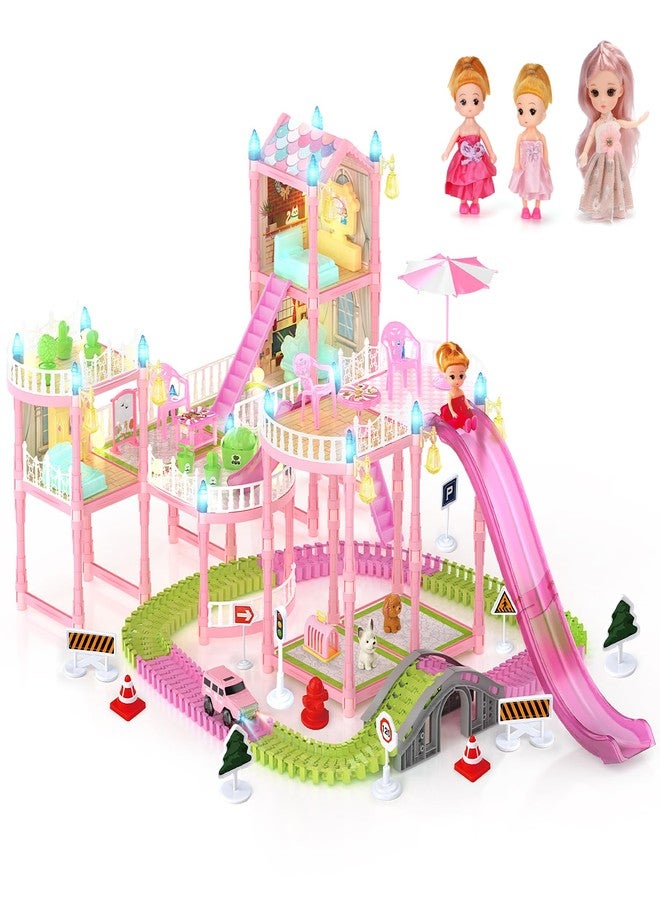 randhar Doll House with Lights&Track Car Toy Set,Princess Dollhouse for Girls, 3 Dolls, Pets, Car, Furniture and Accessories, Design and Build Gift for 3 4 5 6 7 8+ Year Old Girls - Image 1