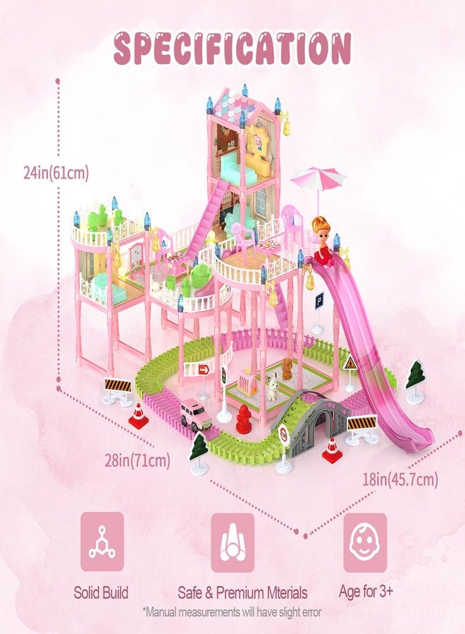 randhar Doll House with Lights&Track Car Toy Set,Princess Dollhouse for Girls, 3 Dolls, Pets, Car, Furniture and Accessories, Design and Build Gift for 3 4 5 6 7 8+ Year Old Girls - Image 3