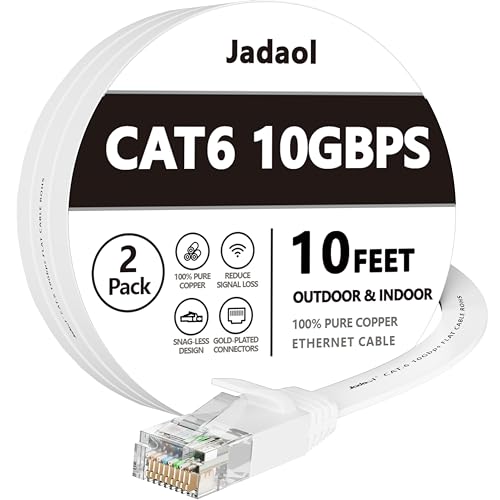 Jadaol Cat 6 Ethernet Cable 10ft 2Pack, Outdoor&Indoor, Flat High Speed 10Gbps Patch LAN Cord, Support Cat8/7 Network, Short Ethernet Cable for Router, Modem, Switch, PC, Laptop, Gaming Console, White - Image 1