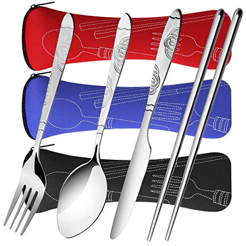 Arroyner 3 Pack Reusable Flatware Sets Knife, Fork, Spoon, Chopsticks, 12Pcs Portable Travel Stainless Steel Tableware Dinnerware with Carrying Case - Image 4